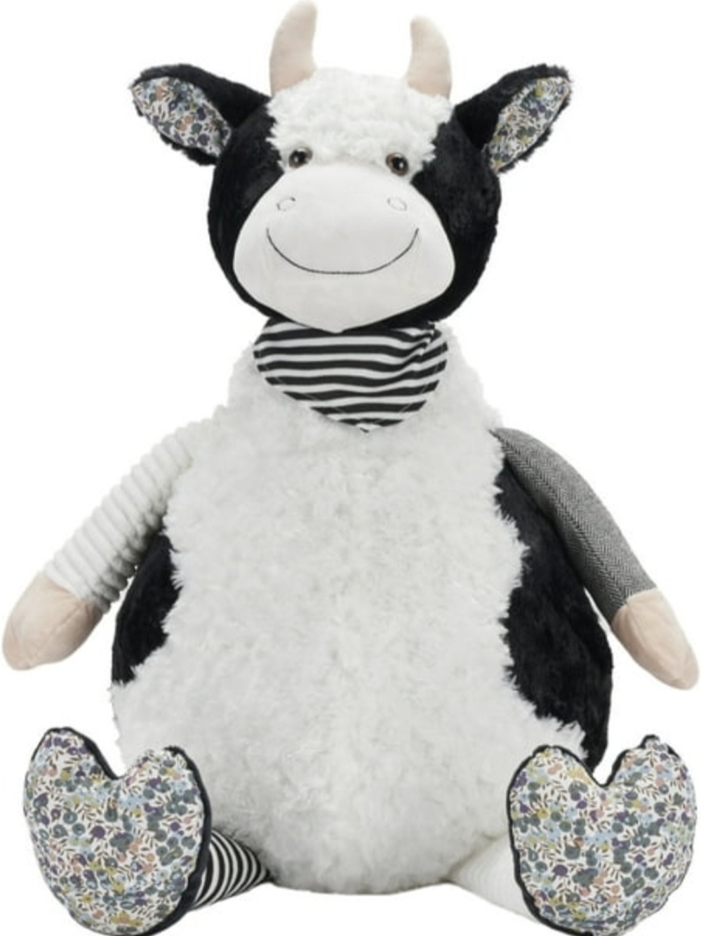 Plush Cow Stuffed Animal Medium Black White Floral Feet Washable